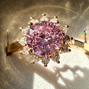 NEW! Pretty Bird Jewelry Gold Flower Halo Ring with Pink Center Stone